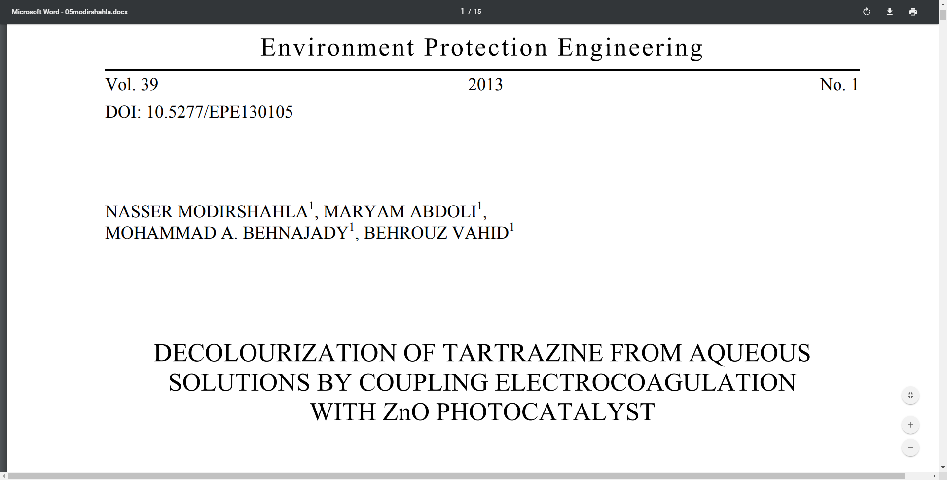 DECOLOURIZATION OF TARTRAZINE FROM AQUEOUS SOLUTIONS