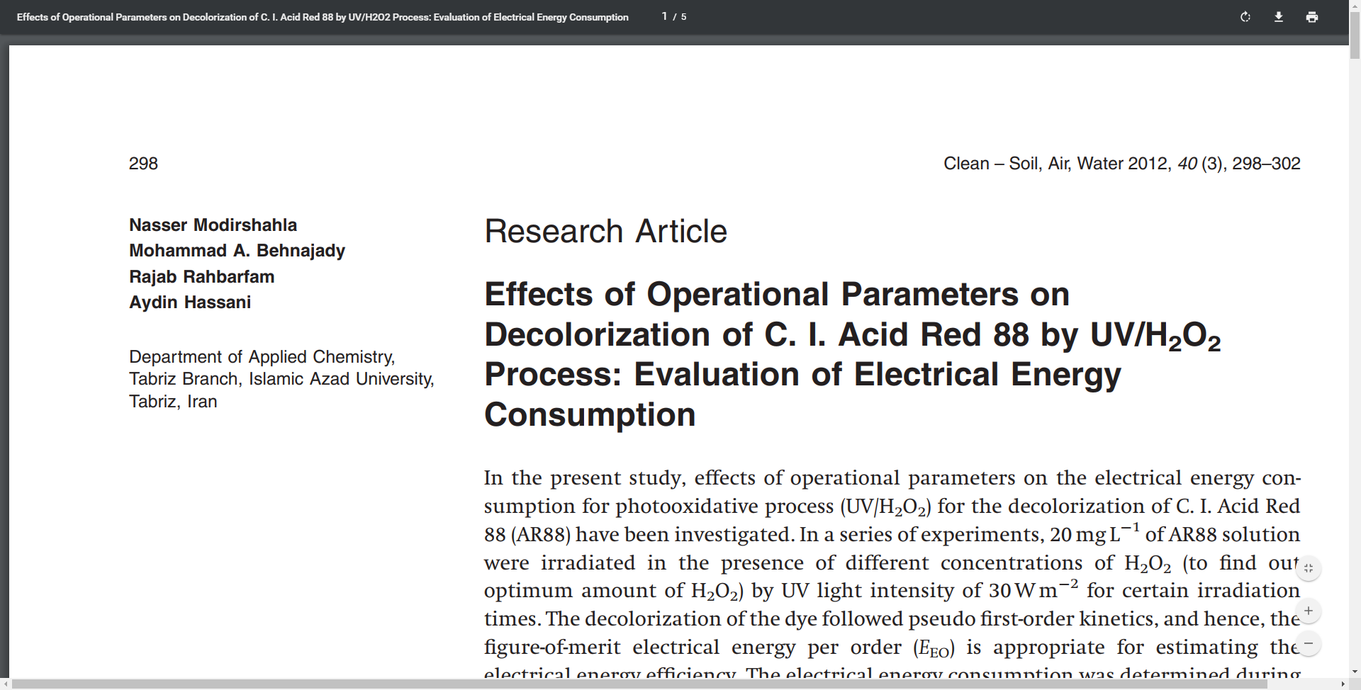 Effects of Operational Parameters on Decolorization of C. I