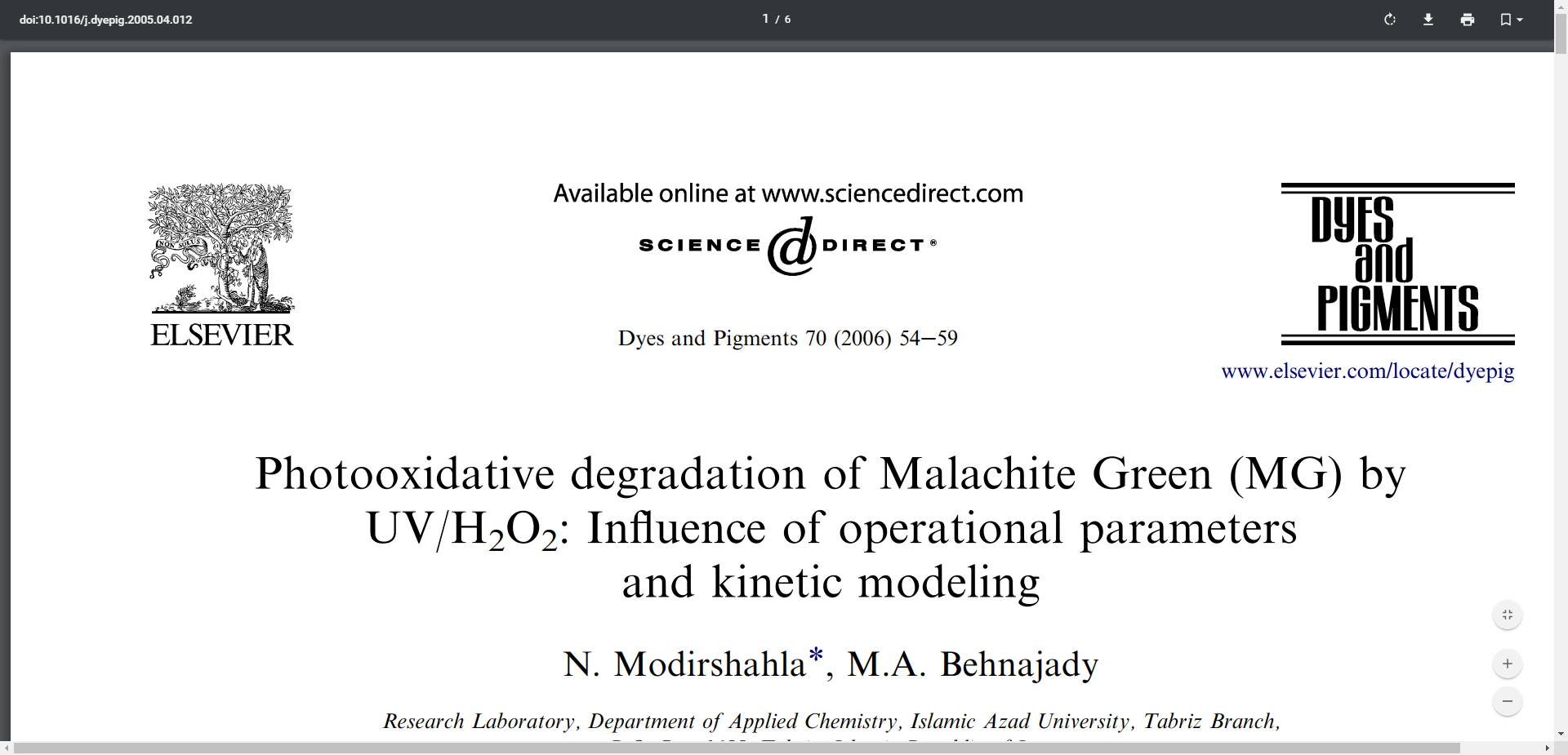 Photooxidative degradation of Malachite Green