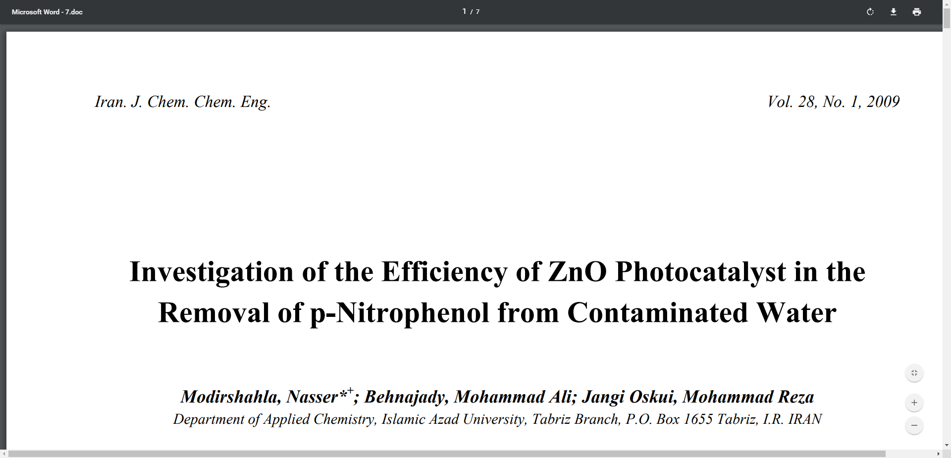 Investigation of the Efficiency of ZnO Photocatalyst